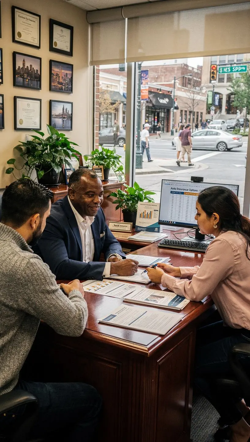 Изображение опытного водителя, обсуждающего страховые варианты с консультантом.
